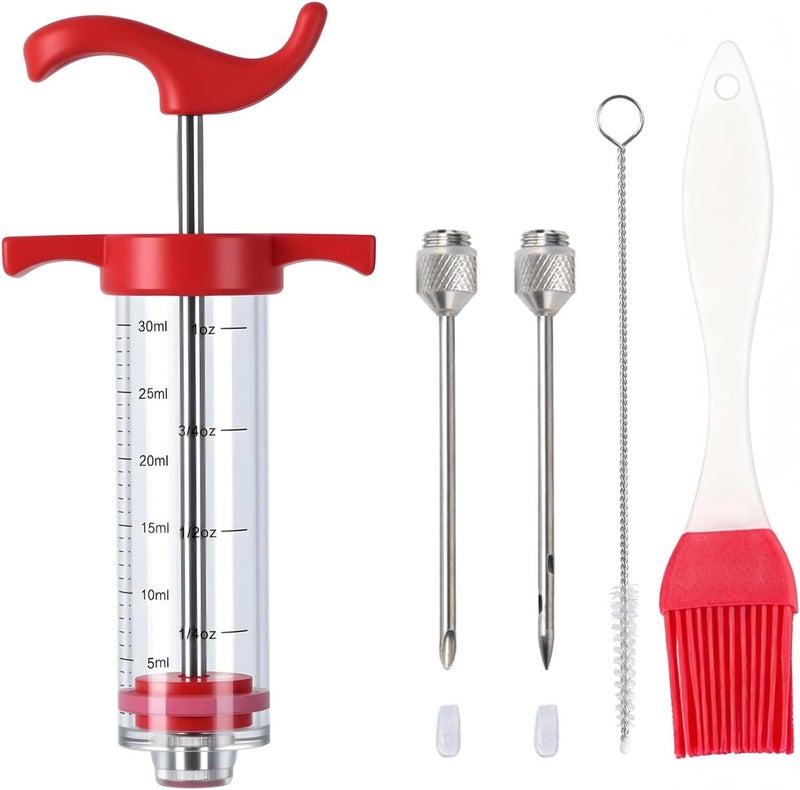 Mikim Plastic Meat Injector Syringe, Turkey Injection Kit with 2 Stainless Steel Needles for Injecting Marinade into Turkey Chicken Meat Brisket Pork, Ideal for Smoking BBQ Grill, Red 1oz - Image 1